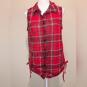 No Boundaries Red Plaid  Button-Down Shirt With Black Crochet Insert
